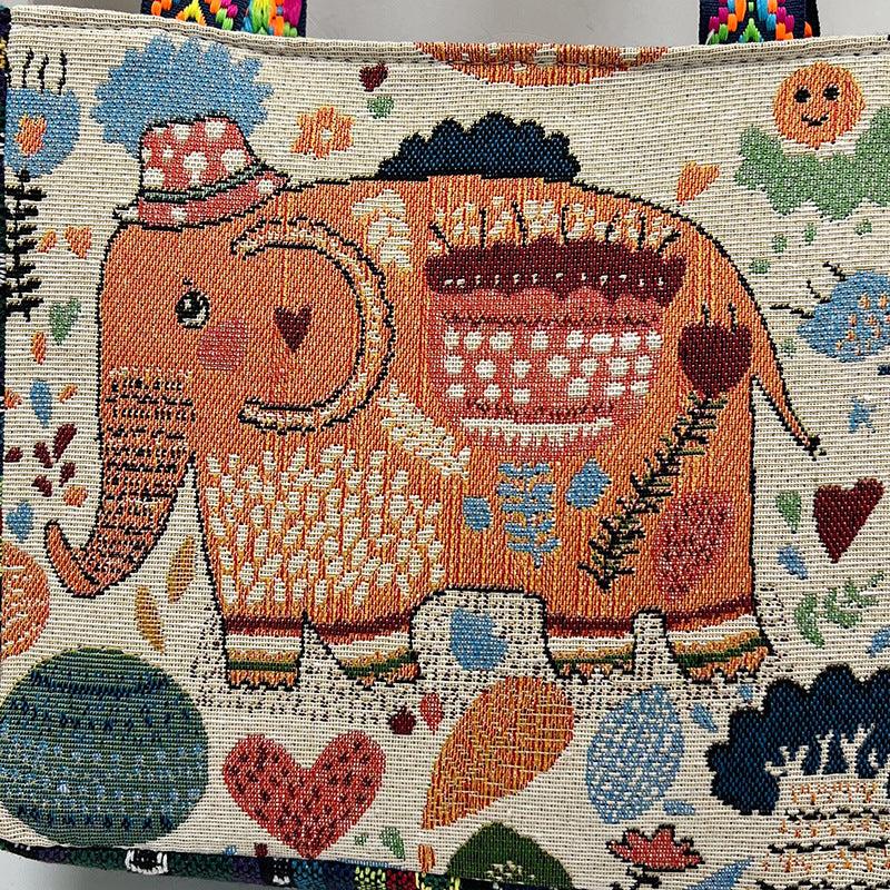 Ethnic Style Canvas Tote Bag with Elephant Embroidery