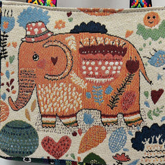 Ethnic Style Canvas Tote Bag with Elephant Embroidery