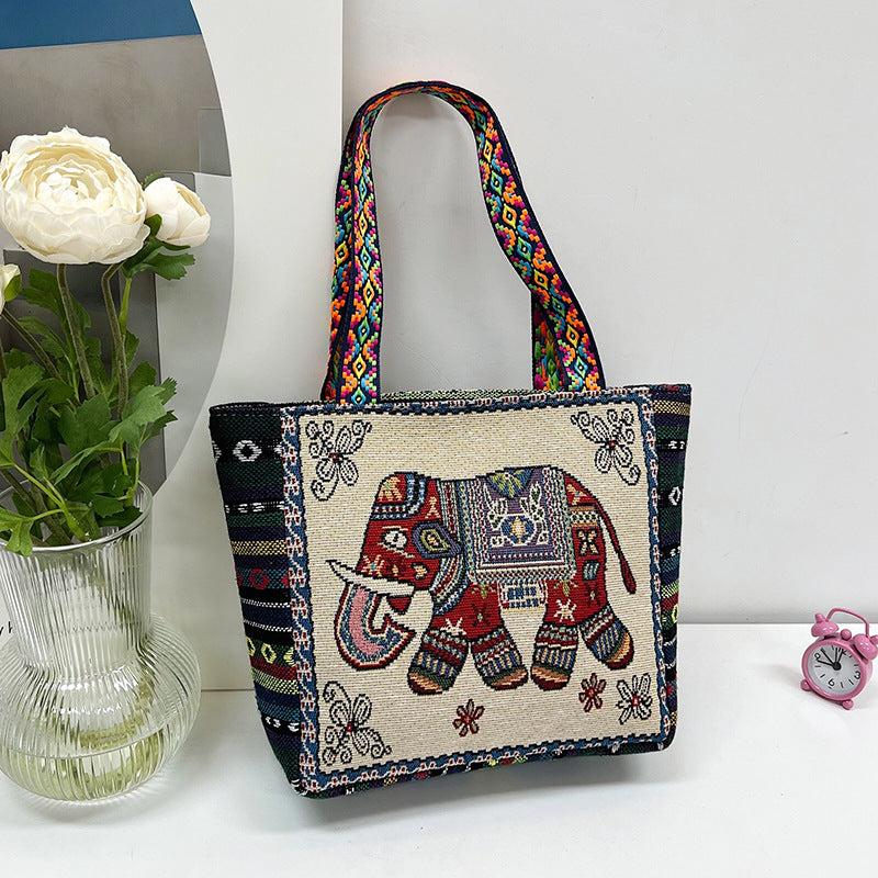 Ethnic Style Canvas Tote Bag with Elephant Embroidery