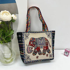 Ethnic Style Canvas Tote Bag with Elephant Embroidery