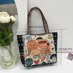 Ethnic Style Canvas Tote Bag with Elephant Embroidery