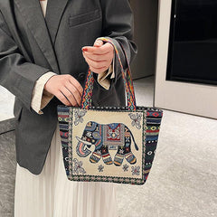 Ethnic Style Canvas Tote Bag with Elephant Embroidery