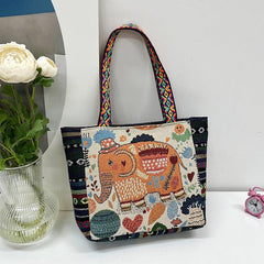 Ethnic Style Canvas Tote Bag with Elephant Embroidery