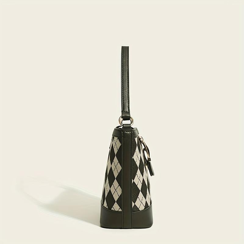 Argyle Pattern Canvas Bucket Bag Crossbody Handbag