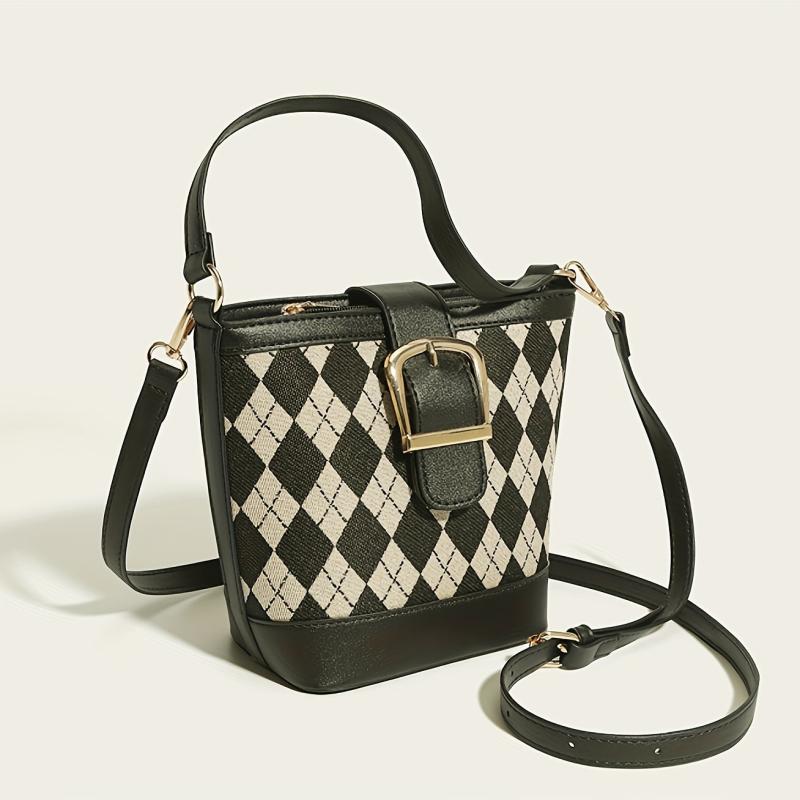 Argyle Pattern Canvas Bucket Bag Crossbody Handbag