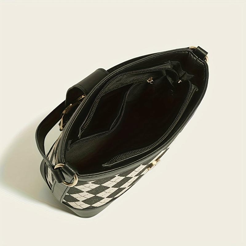 Argyle Pattern Canvas Bucket Bag Crossbody Handbag