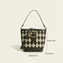 Argyle Pattern Canvas Bucket Bag Crossbody Handbag
