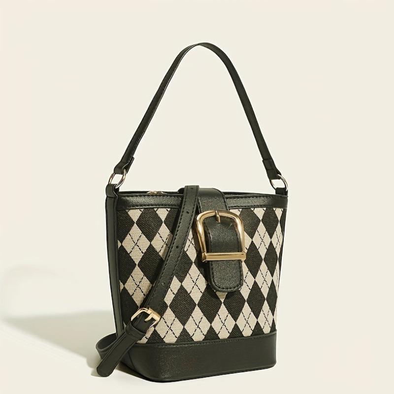 Argyle Pattern Canvas Bucket Bag Crossbody Handbag