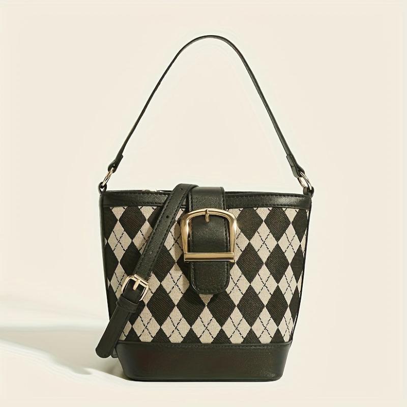 Argyle Pattern Canvas Bucket Bag Crossbody Handbag