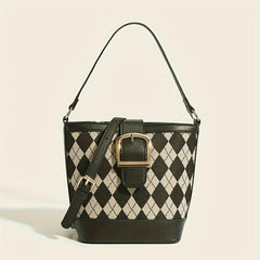 Argyle Pattern Canvas Bucket Bag Crossbody Handbag