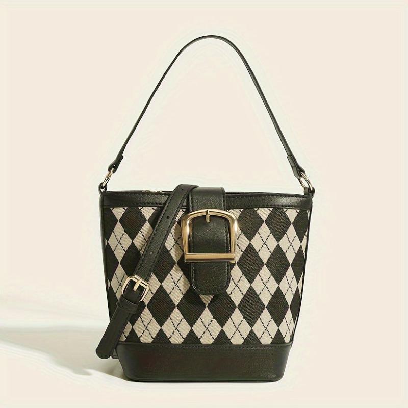 Argyle Pattern Canvas Bucket Bag Crossbody Handbag