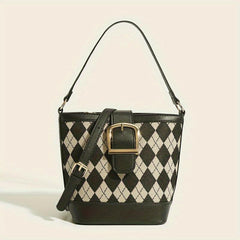 Argyle Pattern Canvas Bucket Bag Crossbody Handbag