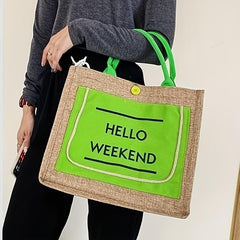 Letter Print Block Handbag Large Capacity Tote Bag Stylish Retro Shopping Bag