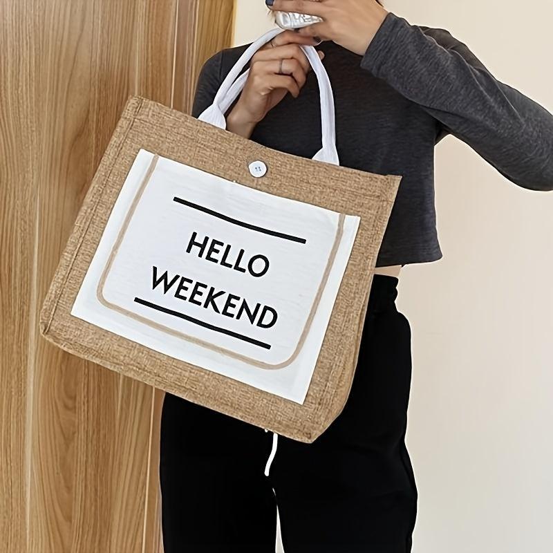 Letter Print Block Handbag Large Capacity Tote Bag Stylish Retro Shopping Bag