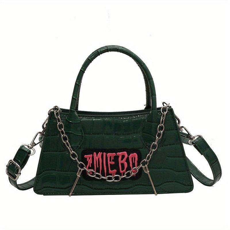 Gothic Crocodile Pattern Chain Crossbody Bag Y2K Letter Patch Purse