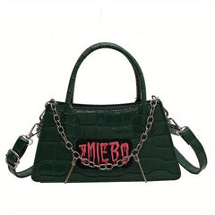Gothic Crocodile Pattern Chain Crossbody Bag Y2K Letter Patch Purse