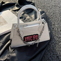 Gothic Crocodile Pattern Chain Crossbody Bag Y2K Letter Patch Purse