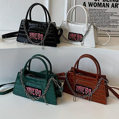 Gothic Crocodile Pattern Chain Crossbody Bag Y2K Letter Patch Purse