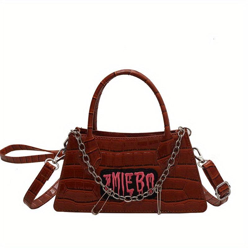 Gothic Crocodile Pattern Chain Crossbody Bag Y2K Letter Patch Purse