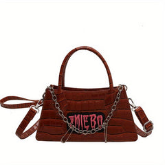 Gothic Crocodile Pattern Chain Crossbody Bag Y2K Letter Patch Purse