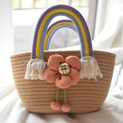 Rainbow Handle Woven Straw Bag Flower Decor Knitted Handbag