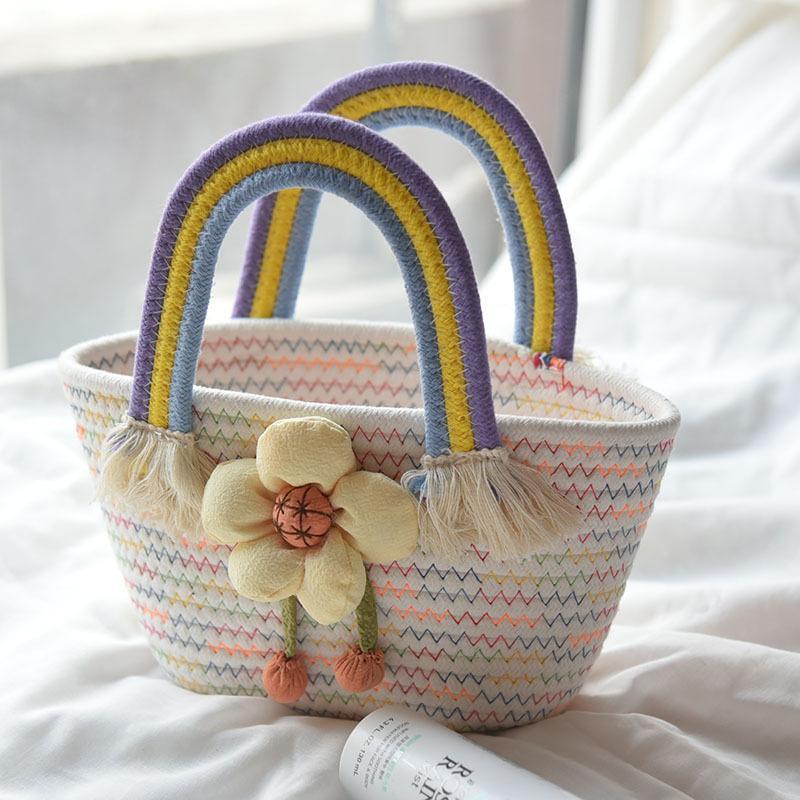 Rainbow Handle Woven Straw Bag Flower Decor Knitted Handbag