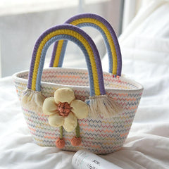 Rainbow Handle Woven Straw Bag Flower Decor Knitted Handbag