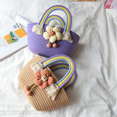 Rainbow Handle Woven Straw Bag Flower Decor Knitted Handbag