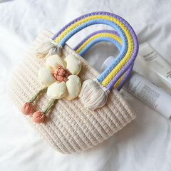 Rainbow Handle Woven Straw Bag Flower Decor Knitted Handbag