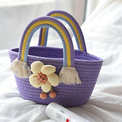 Rainbow Handle Woven Straw Bag Flower Decor Knitted Handbag