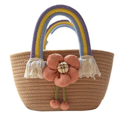 Rainbow Handle Woven Straw Bag Flower Decor Knitted Handbag