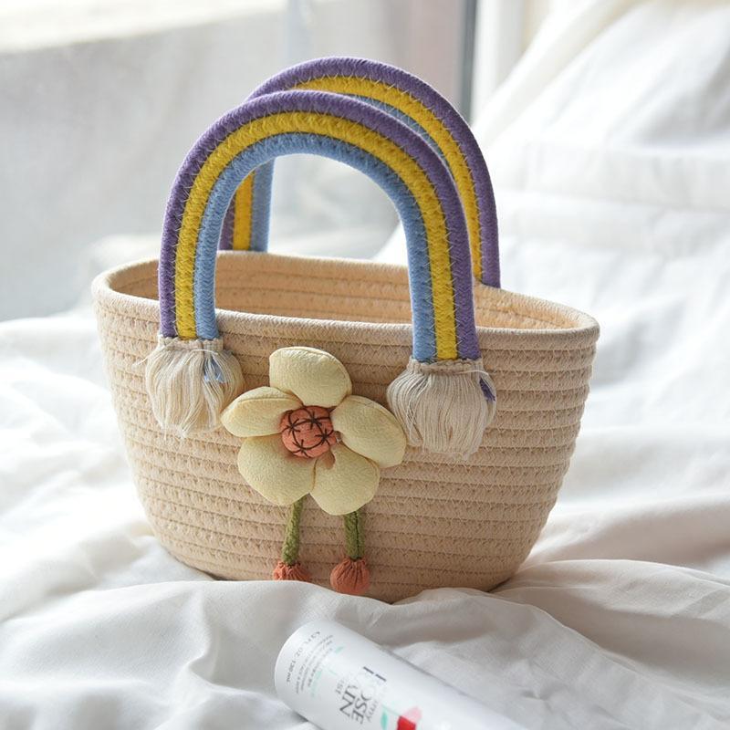 Rainbow Handle Woven Straw Bag Flower Decor Knitted Handbag