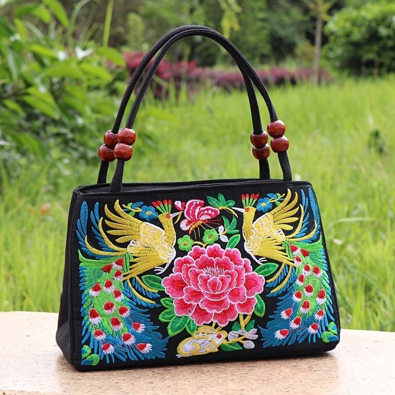 Floral Embroidery Canvas Handbag Vintage Satchel Bag Women Ethnic Clutch Purse