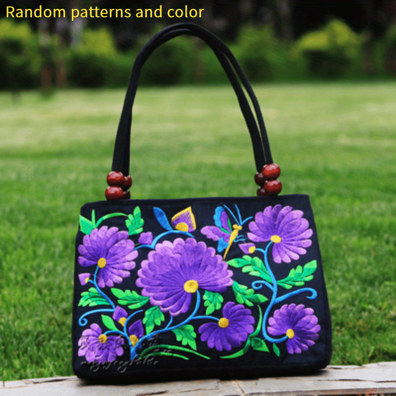 Floral Embroidery Canvas Handbag Vintage Satchel Bag Women Ethnic Clutch Purse