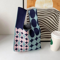 Colorblock Crochet Bag Heart Graphic Tote Wrist Bag