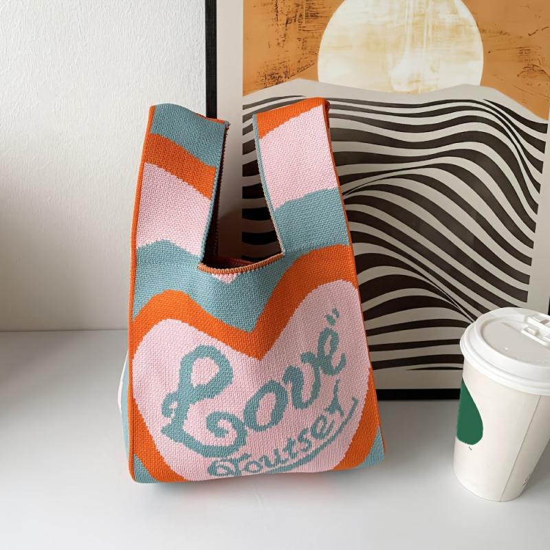 Colorblock Crochet Bag Heart Graphic Tote Wrist Bag