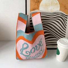 Colorblock Crochet Bag Heart Graphic Tote Wrist Bag