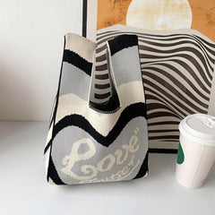 Colorblock Crochet Bag Heart Graphic Tote Wrist Bag