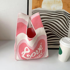 Colorblock Crochet Bag Heart Graphic Tote Wrist Bag