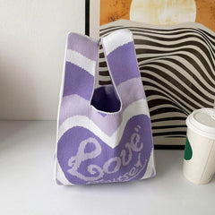 Colorblock Crochet Bag Heart Graphic Tote Wrist Bag