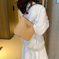 Vacation Butterfly Embroidery Handbag Straw Beach Shoulder Bag