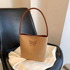 Vacation Butterfly Embroidery Handbag Straw Beach Shoulder Bag