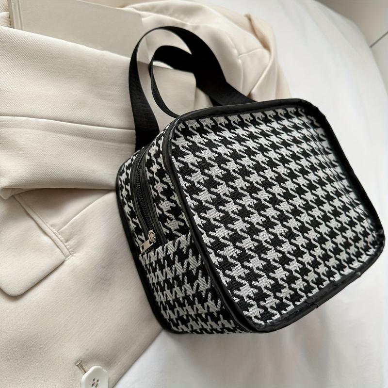 Portable Houndstooth Print Makeup Bag Lightweight Travel Comestic Bag