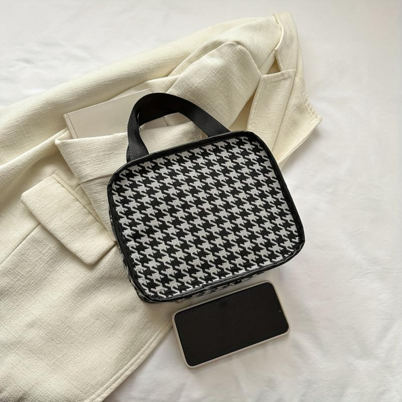 Portable Houndstooth Print Makeup Bag Lightweight Travel Comestic Bag