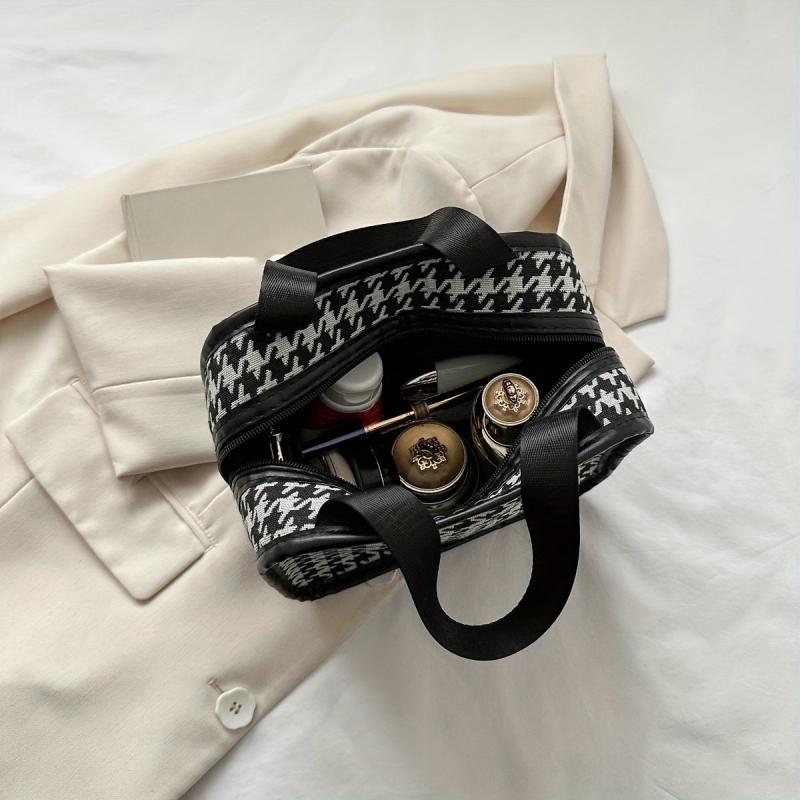 Portable Houndstooth Print Makeup Bag Lightweight Travel Comestic Bag