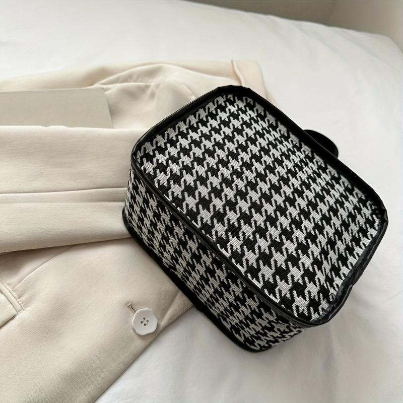 Portable Houndstooth Print Makeup Bag Lightweight Travel Comestic Bag