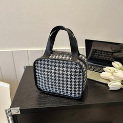 Portable Houndstooth Print Makeup Bag Lightweight Travel Comestic Bag