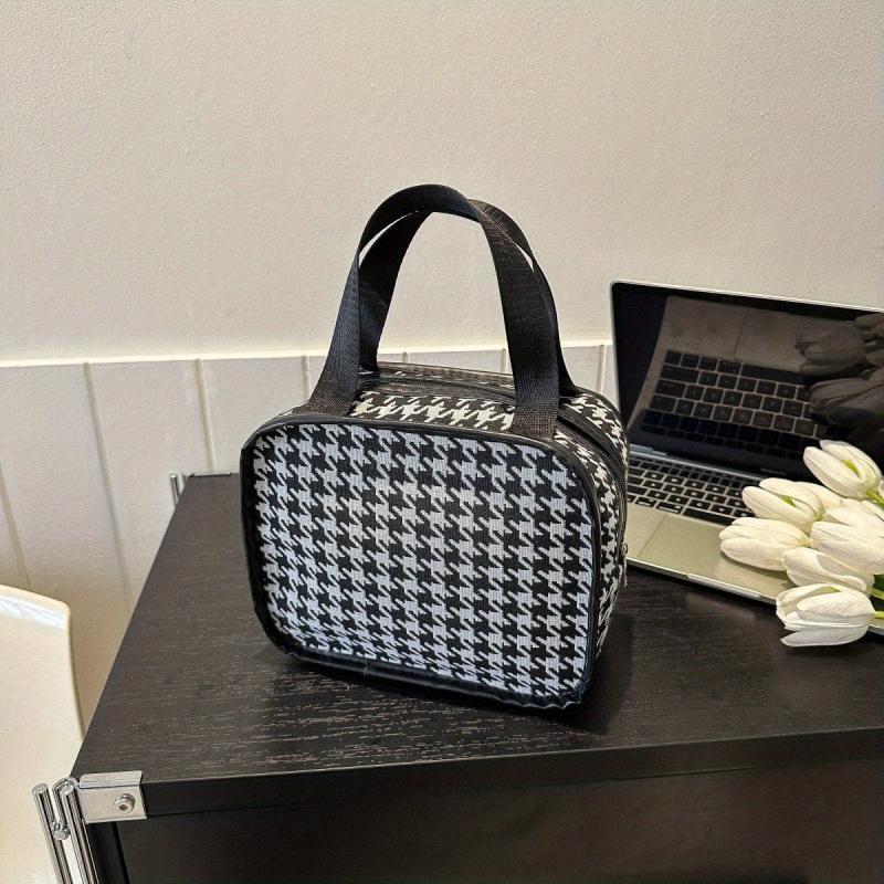 Portable Houndstooth Print Makeup Bag Lightweight Travel Comestic Bag