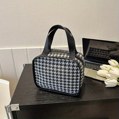 Portable Houndstooth Print Makeup Bag Lightweight Travel Comestic Bag