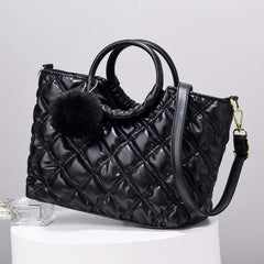 Quilted Crossbody Bag Pompom Decor Tote Bag for Women